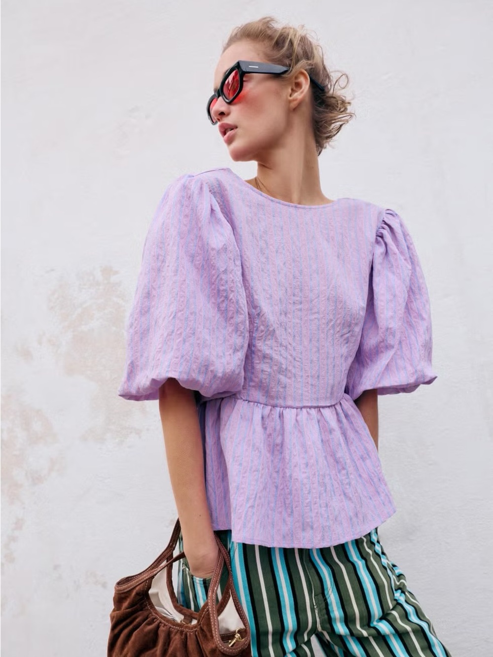 ZARA Puff Sleeve Tie Back Blouse Peplum | Stripe| lavender Sz L New